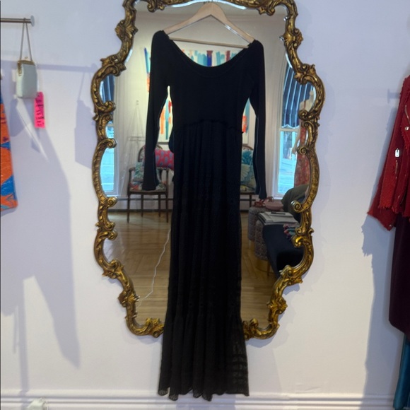 Free People Earth Angel Black rib knit swiss dot lace  Maxi Dress size L - Picture 13 of 17